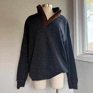 Dark gray quarter zip up button up pullover sweater with brown elbow patches